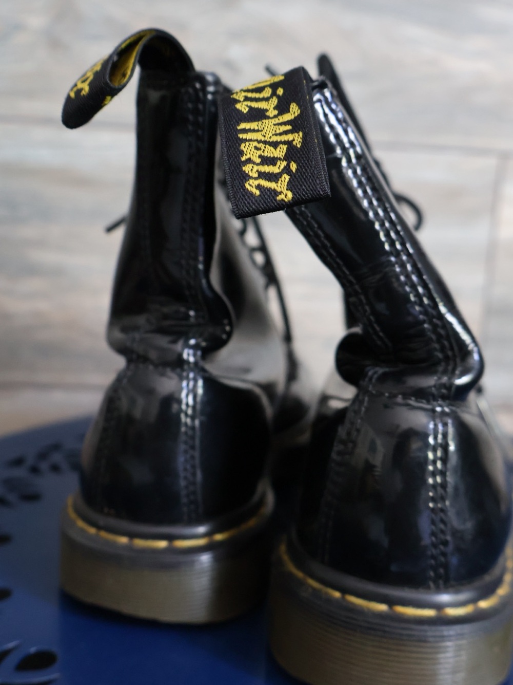 Dr. Martens 1460 Black Patent 8 Eye Lace-Up Boots with classic Yellow Stitching - Picture 3 of 3